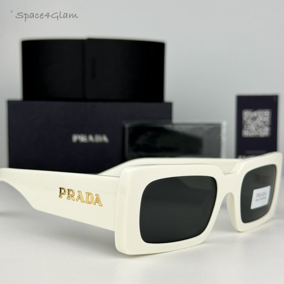 NEW Prada PR A07S 1425S0 Talc White Dark Grey Rectangle Unisex Sunglasses - Picture 1 of 9